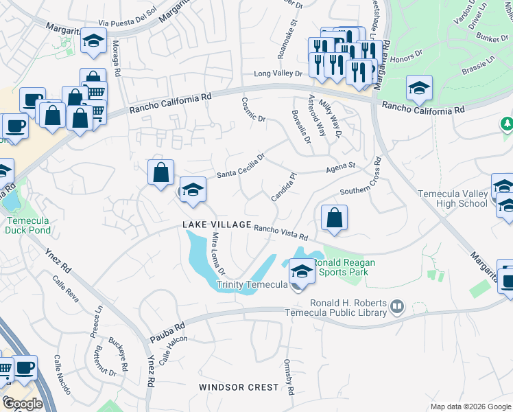 map of restaurants, bars, coffee shops, grocery stores, and more near 42579 Remora Street in Temecula