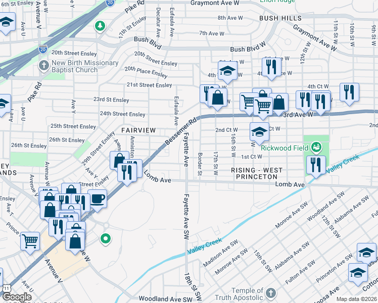 map of restaurants, bars, coffee shops, grocery stores, and more near 3021 Fayette Avenue in Birmingham
