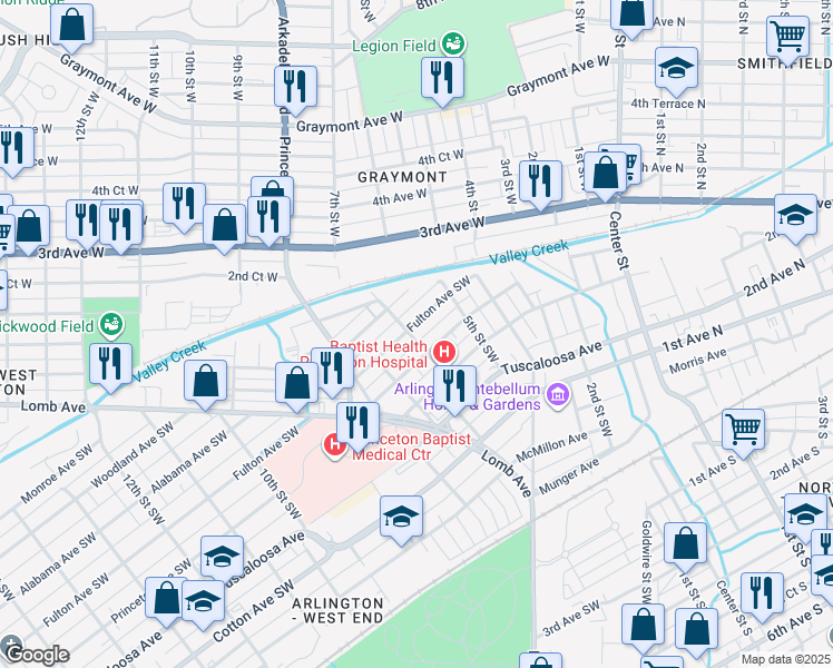 map of restaurants, bars, coffee shops, grocery stores, and more near 549 Fulton Avenue Southwest in Birmingham