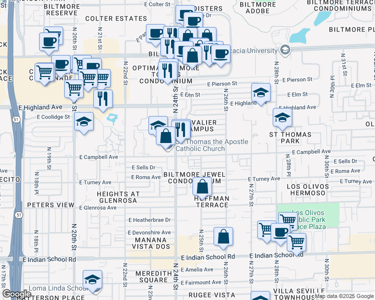 map of restaurants, bars, coffee shops, grocery stores, and more near 4508 North 24th Place in Phoenix