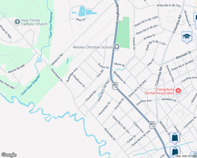 map of restaurants, bars, coffee shops, grocery stores, and more near 150 Pinehill Road in Orangeburg