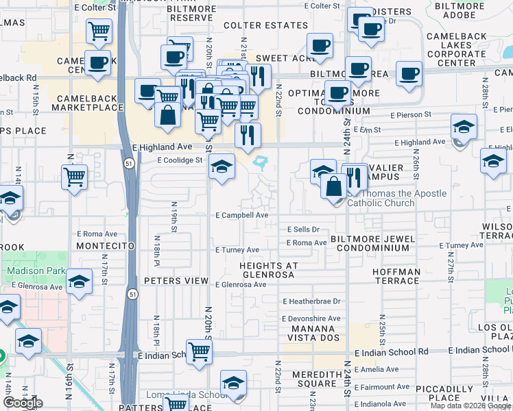 map of restaurants, bars, coffee shops, grocery stores, and more near 4644 North 22nd Street in Phoenix