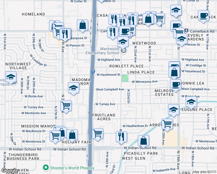 map of restaurants, bars, coffee shops, grocery stores, and more near 2362 West Campbell Avenue in Phoenix