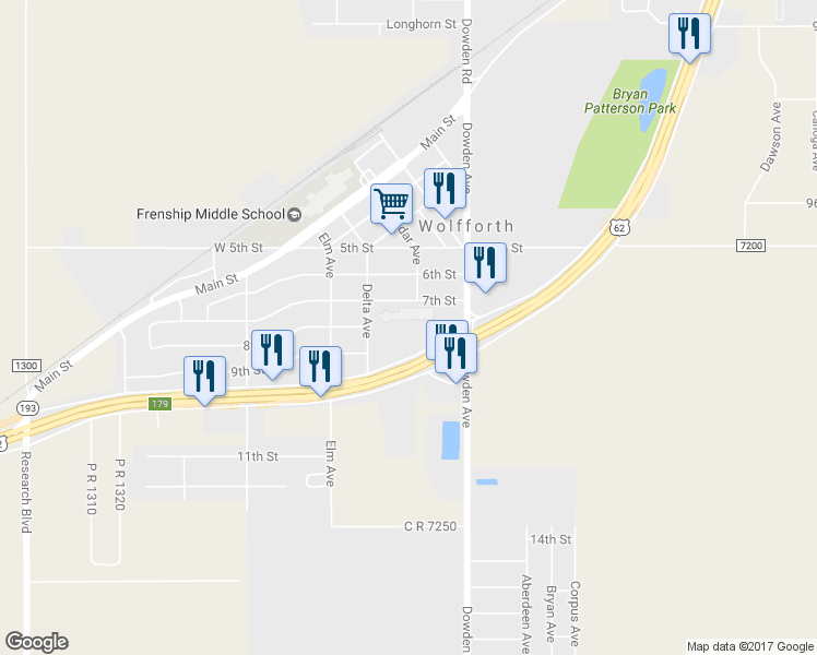 map of restaurants, bars, coffee shops, grocery stores, and more near 501 7th Street in Wolfforth