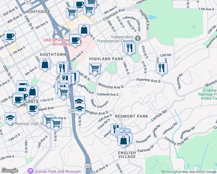 map of restaurants, bars, coffee shops, grocery stores, and more near 2612 Niazuma Avenue South in Birmingham