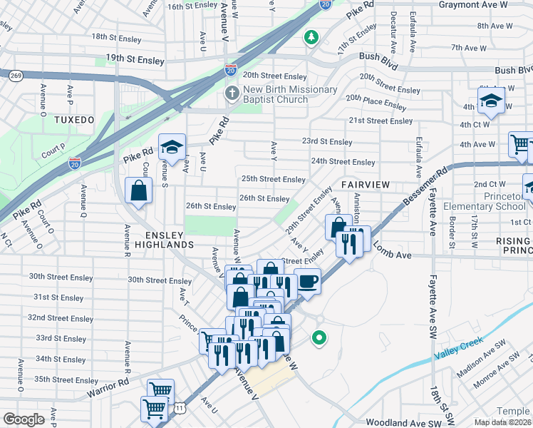 map of restaurants, bars, coffee shops, grocery stores, and more near 2340 27th Street Ensley in Birmingham