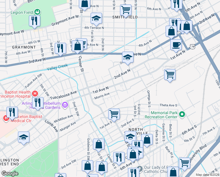 map of restaurants, bars, coffee shops, grocery stores, and more near 133 1st Avenue North in Birmingham