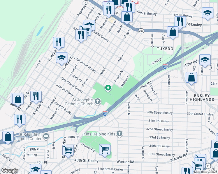 map of restaurants, bars, coffee shops, grocery stores, and more near 2716 Avenue K in Birmingham