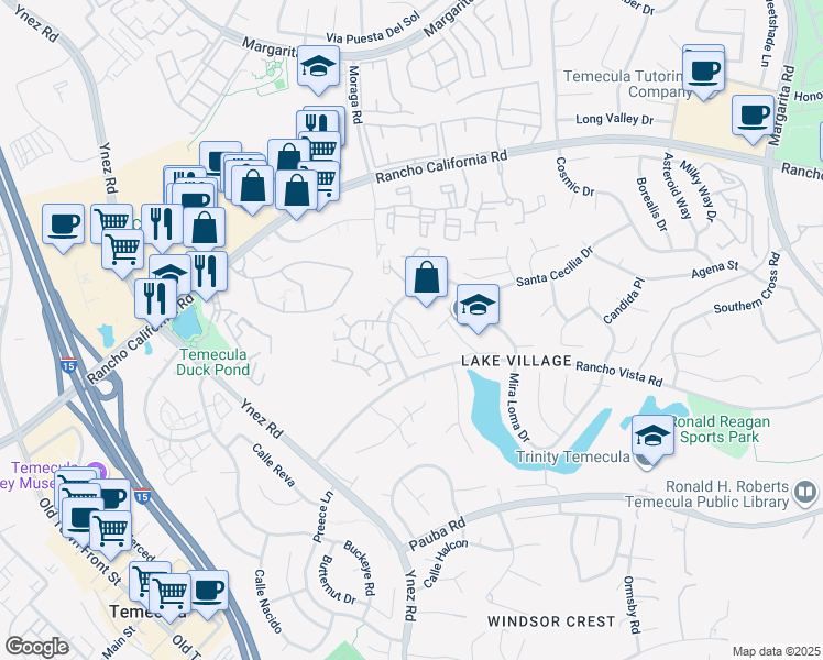 map of restaurants, bars, coffee shops, grocery stores, and more near 42685 Azure Street in Temecula