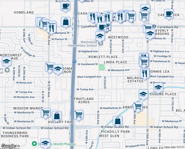 map of restaurants, bars, coffee shops, grocery stores, and more near 2362 West Campbell Avenue in Phoenix
