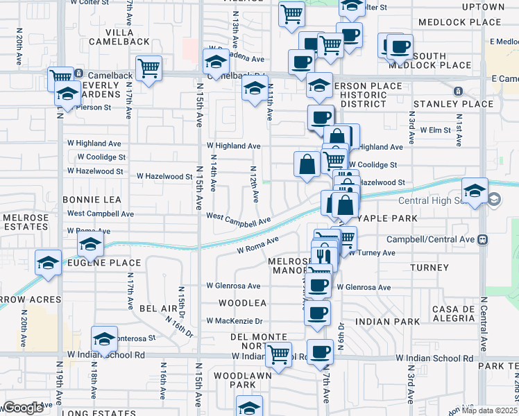 map of restaurants, bars, coffee shops, grocery stores, and more near 4515 North 12th Avenue in Phoenix