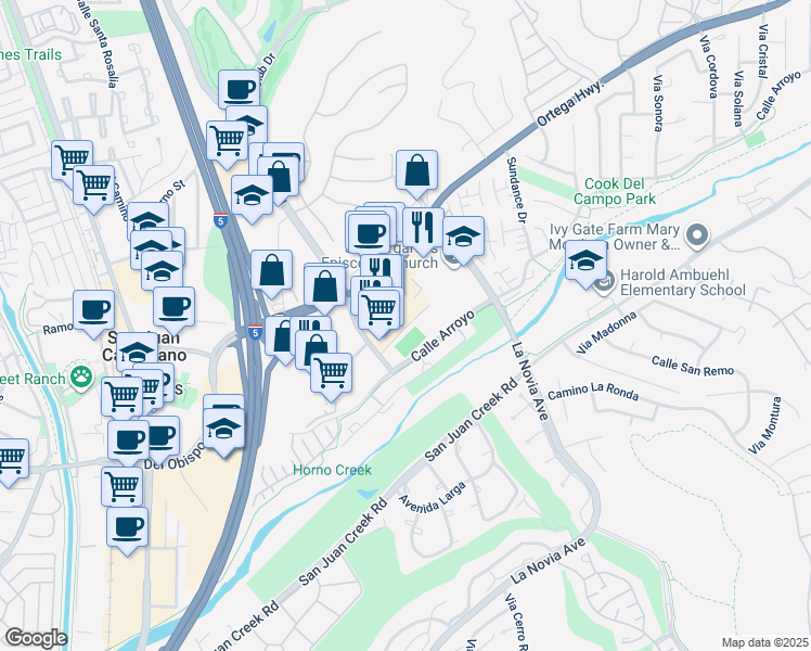 map of restaurants, bars, coffee shops, grocery stores, and more near 31736 Rancho Viejo Rd in San Juan Capistrano