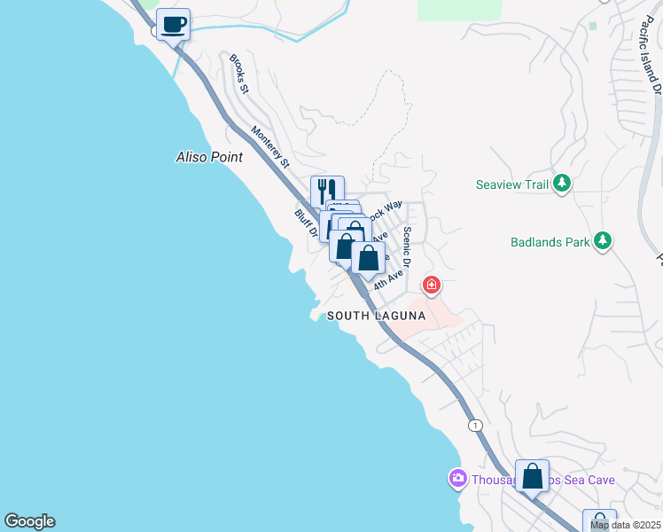 map of restaurants, bars, coffee shops, grocery stores, and more near 31671 Sea Bluff Lane in Laguna Beach
