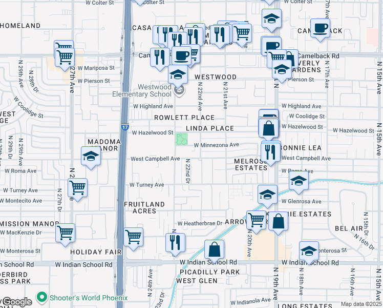 map of restaurants, bars, coffee shops, grocery stores, and more near 2222 West Campbell Avenue in Phoenix