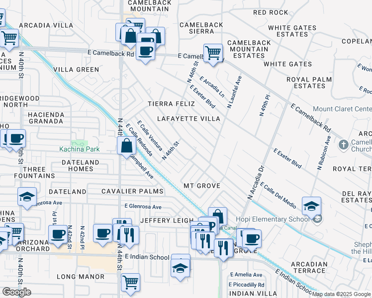 map of restaurants, bars, coffee shops, grocery stores, and more near 4649 East Lafayette Boulevard in Phoenix