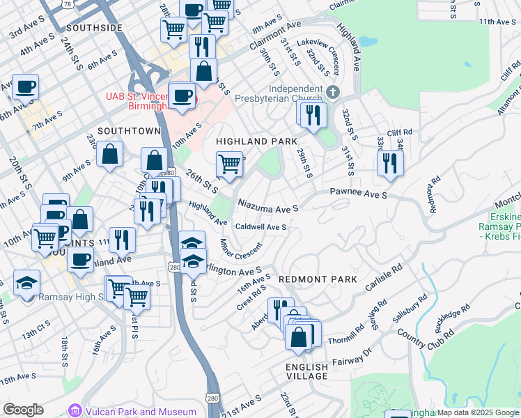 map of restaurants, bars, coffee shops, grocery stores, and more near 1301 27th Place South in Birmingham