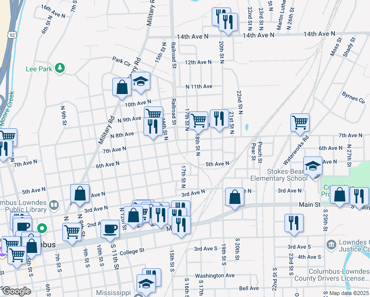 map of restaurants, bars, coffee shops, grocery stores, and more near 601-605 17th Street North in Columbus