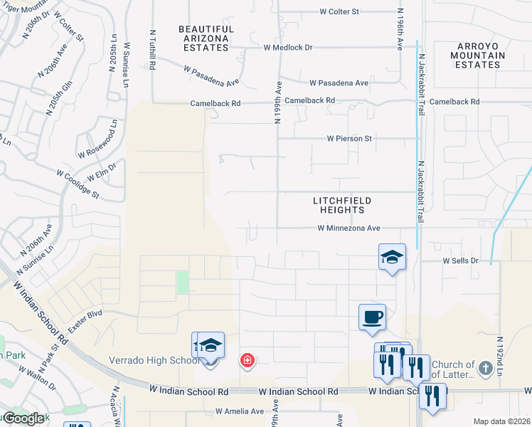 map of restaurants, bars, coffee shops, grocery stores, and more near 4550 North 199th Avenue in Litchfield Park