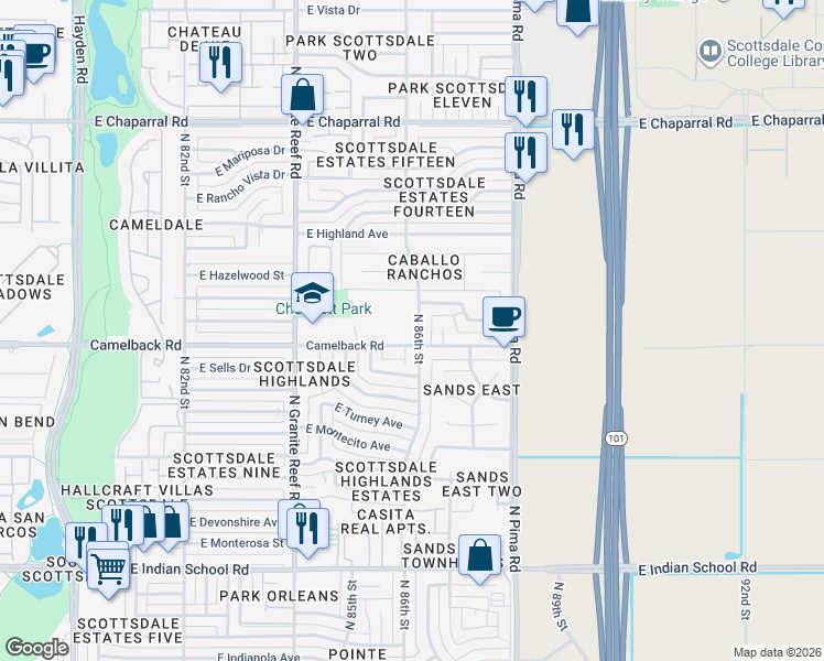 map of restaurants, bars, coffee shops, grocery stores, and more near in Scottsdale