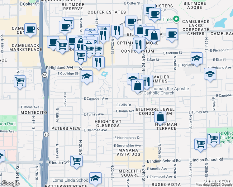 map of restaurants, bars, coffee shops, grocery stores, and more near 2228 East Campbell Avenue in Phoenix
