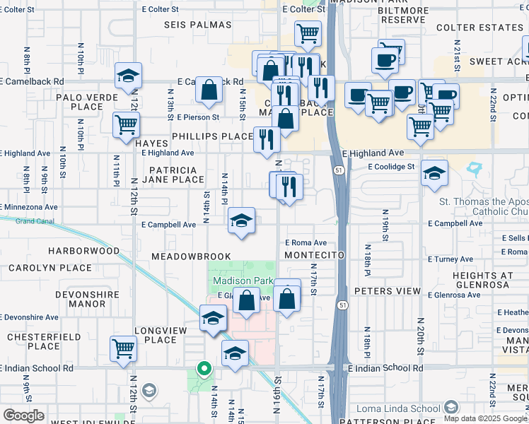 map of restaurants, bars, coffee shops, grocery stores, and more near 1550 East Campbell Avenue in Phoenix