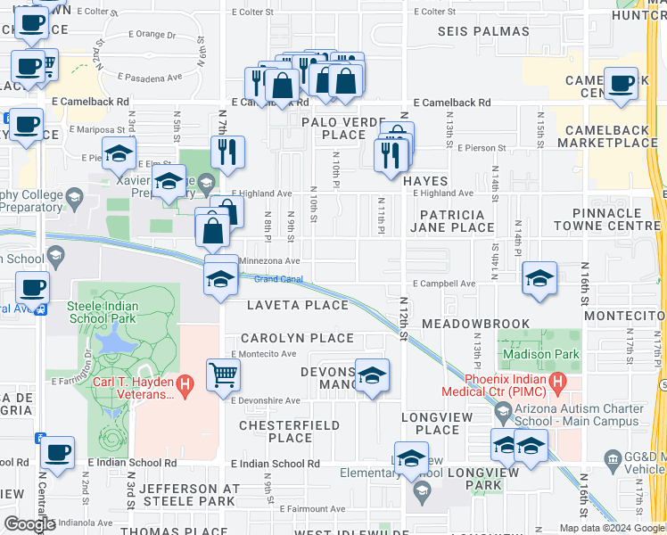 map of restaurants, bars, coffee shops, grocery stores, and more near 1036 East Campbell Avenue in Phoenix