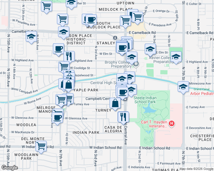 map of restaurants, bars, coffee shops, grocery stores, and more near 4508 North 2nd Drive in Phoenix