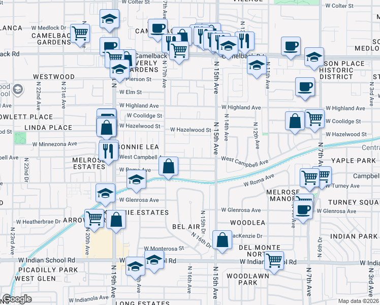 map of restaurants, bars, coffee shops, grocery stores, and more near 1590 West Campbell Avenue in Phoenix