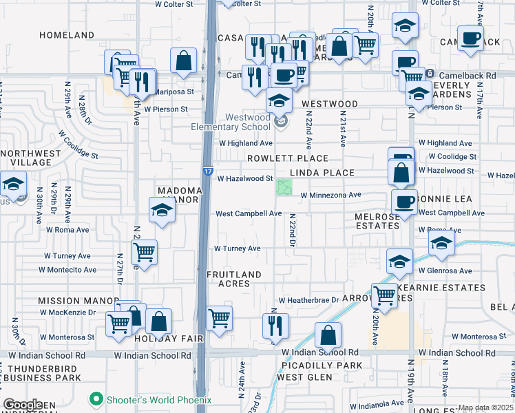 map of restaurants, bars, coffee shops, grocery stores, and more near 2362 West Campbell Avenue in Phoenix