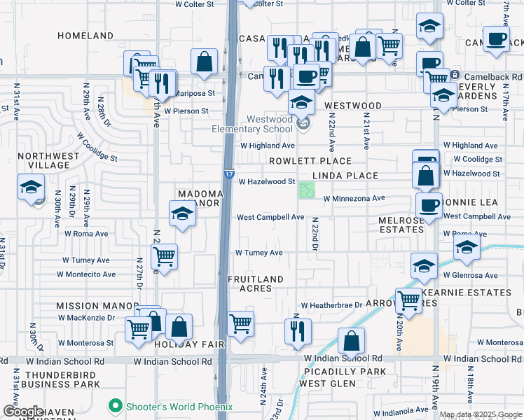 map of restaurants, bars, coffee shops, grocery stores, and more near 2362 West Campbell Avenue in Phoenix