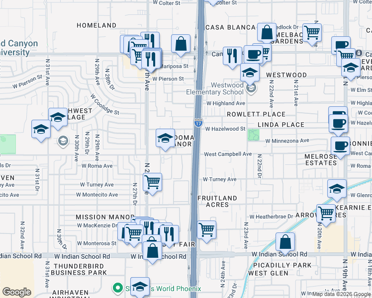 map of restaurants, bars, coffee shops, grocery stores, and more near 4512 North Black Canyon Highway in Phoenix