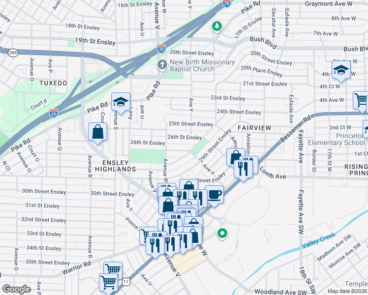 map of restaurants, bars, coffee shops, grocery stores, and more near 2340 27th Street Ensley in Birmingham