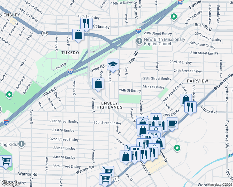 map of restaurants, bars, coffee shops, grocery stores, and more near 2001 26th Street Ensley in Birmingham