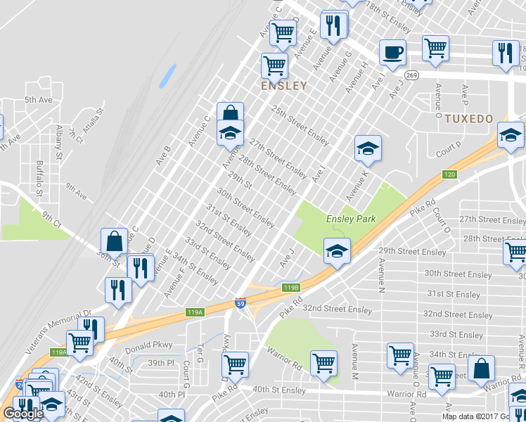 map of restaurants, bars, coffee shops, grocery stores, and more near 2918 Avenue H in Birmingham