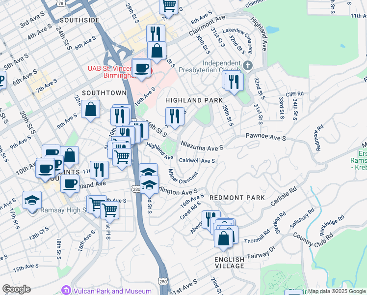 map of restaurants, bars, coffee shops, grocery stores, and more near 2545 Highland Avenue in Birmingham
