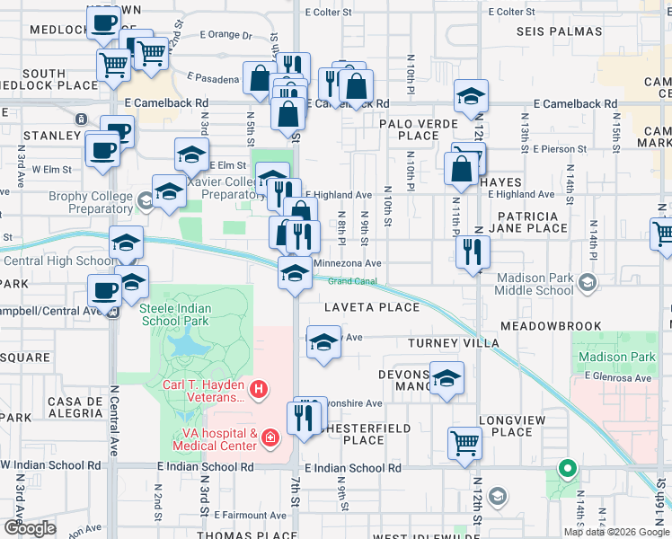 map of restaurants, bars, coffee shops, grocery stores, and more near 4511 North 8th Street in Phoenix