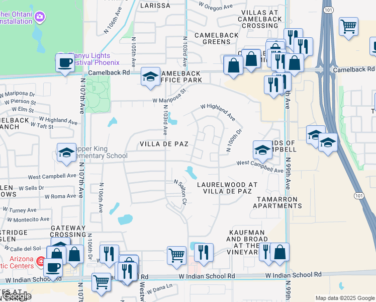 map of restaurants, bars, coffee shops, grocery stores, and more near 10208 West Minnezona Avenue in Phoenix