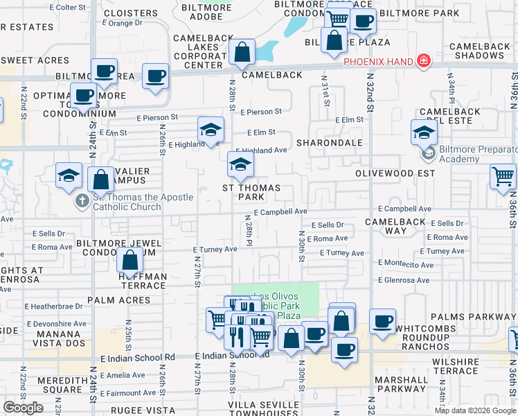 map of restaurants, bars, coffee shops, grocery stores, and more near 2838 East Campbell Avenue in Phoenix