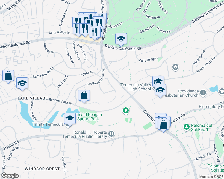 map of restaurants, bars, coffee shops, grocery stores, and more near 30764 Sky Terrace Drive in Temecula