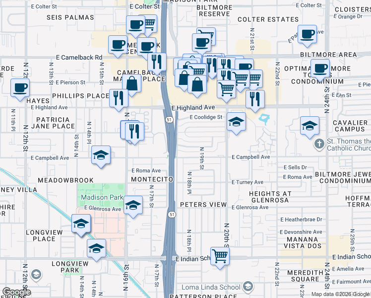 map of restaurants, bars, coffee shops, grocery stores, and more near 1815 East Minnezona Avenue in Phoenix