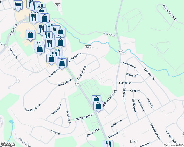 map of restaurants, bars, coffee shops, grocery stores, and more near 210 Heathwood Drive in Aiken