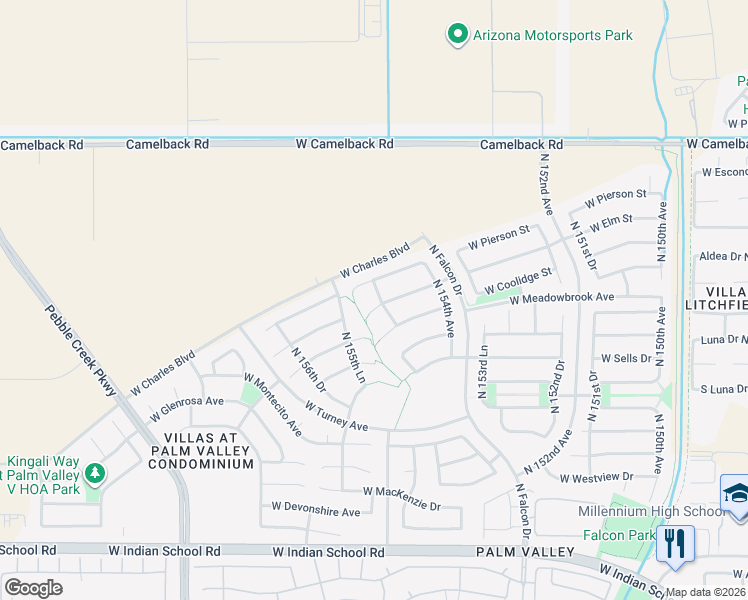 map of restaurants, bars, coffee shops, grocery stores, and more near 15524 West Meadowbrook Avenue in Goodyear