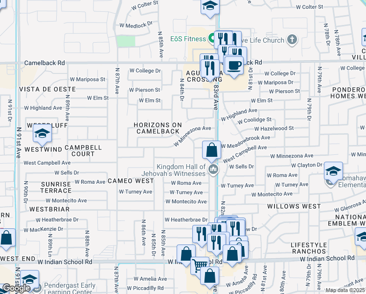 map of restaurants, bars, coffee shops, grocery stores, and more near 8433 West Minnezona Avenue in Phoenix