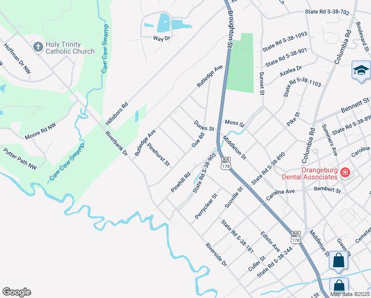 map of restaurants, bars, coffee shops, grocery stores, and more near 580 Gue Road in Orangeburg
