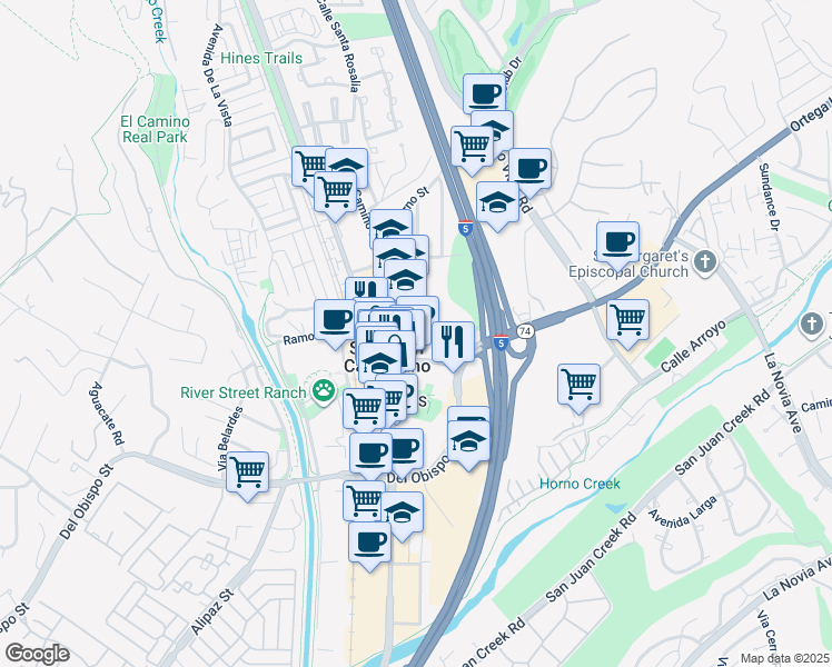 map of restaurants, bars, coffee shops, grocery stores, and more near 31682 El Camino Real in San Juan Capistrano
