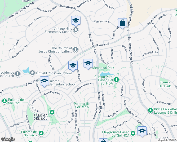 map of restaurants, bars, coffee shops, grocery stores, and more near 42075 Meadows Parkway in Temecula