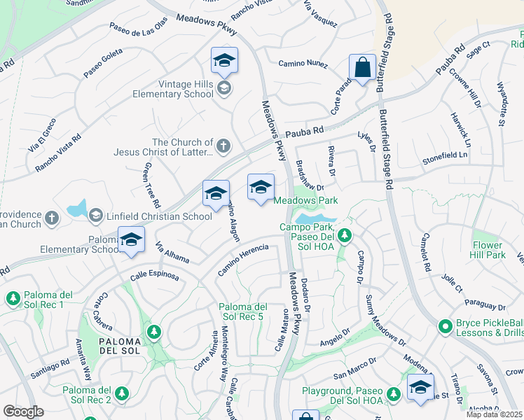 map of restaurants, bars, coffee shops, grocery stores, and more near 42075 Meadows Parkway in Temecula