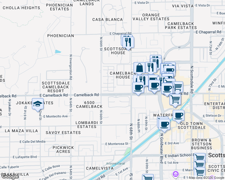 map of restaurants, bars, coffee shops, grocery stores, and more near 4525 North 66th Street in Scottsdale