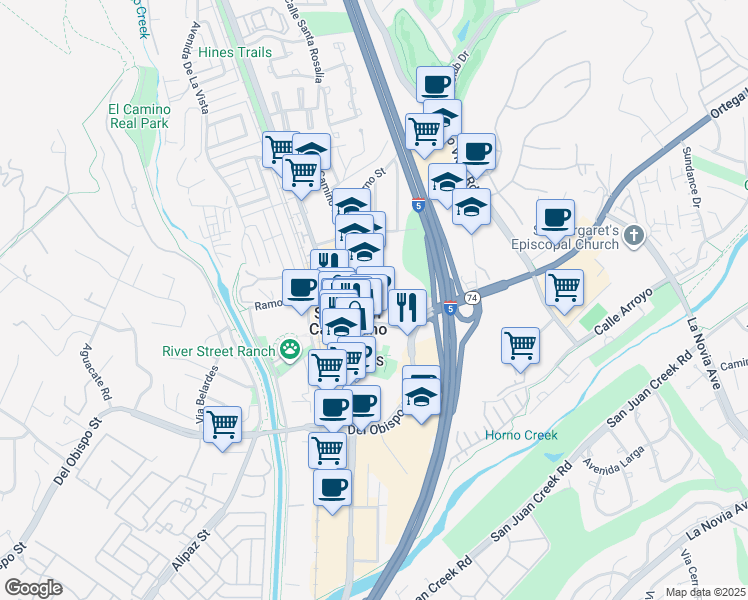 map of restaurants, bars, coffee shops, grocery stores, and more near 31682 El Camino Real in San Juan Capistrano