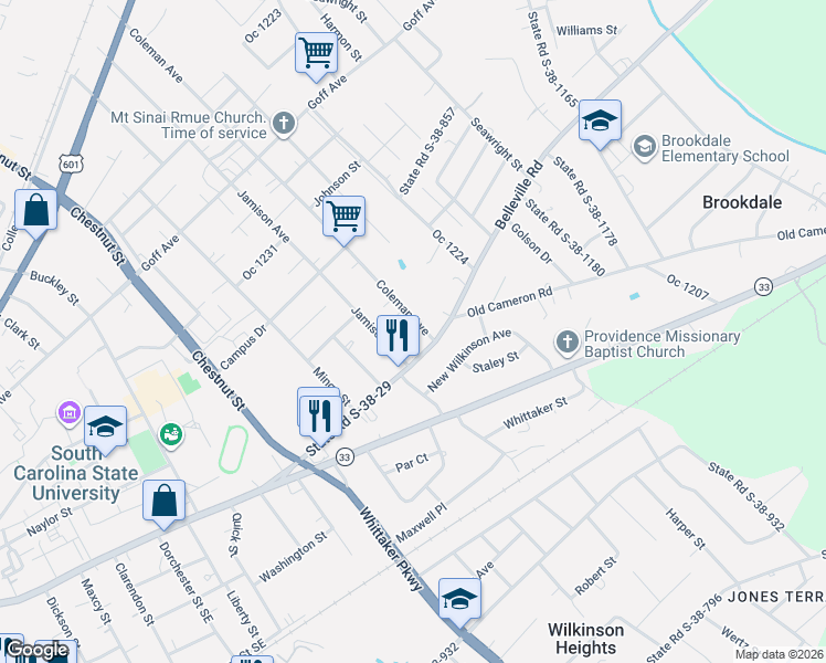 map of restaurants, bars, coffee shops, grocery stores, and more near 313 State Road S-38-678 in Orangeburg